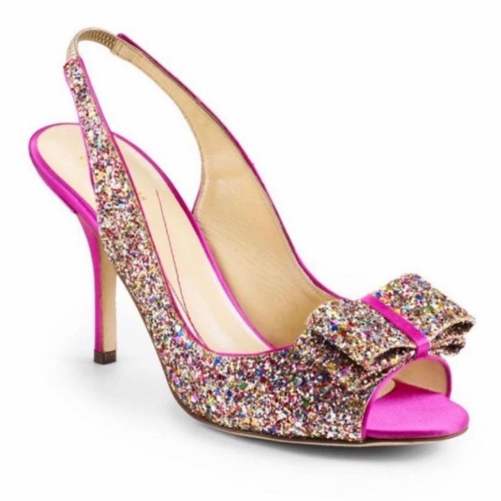 Kate Spade Charm Hot Pink Rainbow Glitter Slingback Heels 9 prom perfect